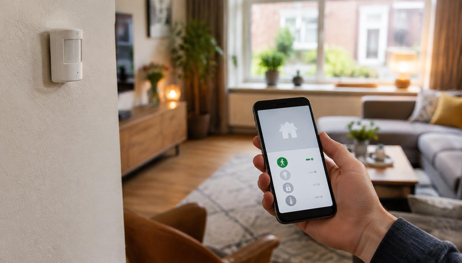 Kleine bewegingssensor aan de muur in een woonkamer
