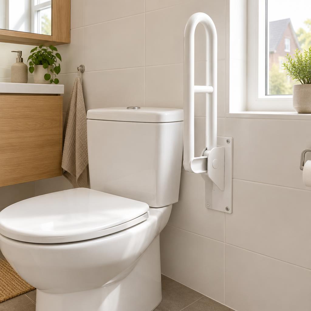 Opklapbare steunbeugel naast een toilet